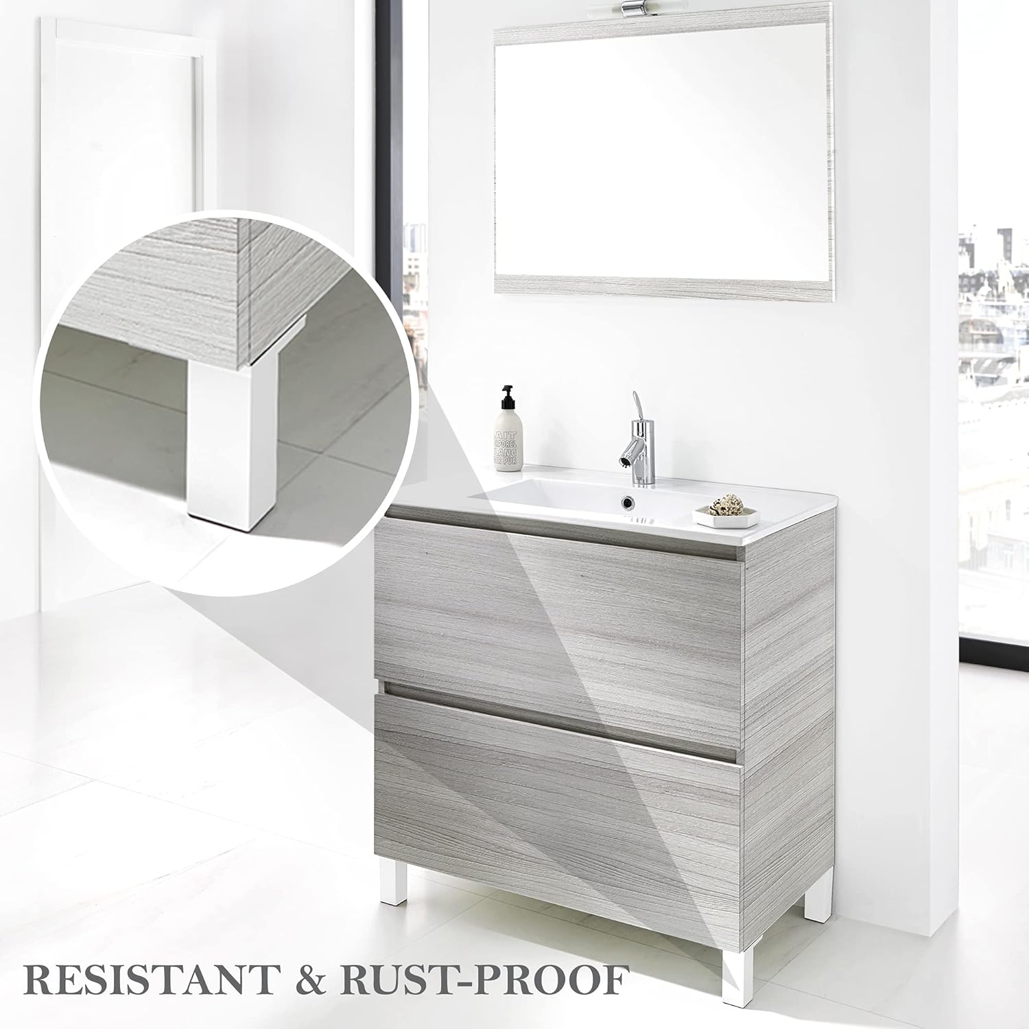Mueble de baño gris elevado con patas blancas, en ambiente real