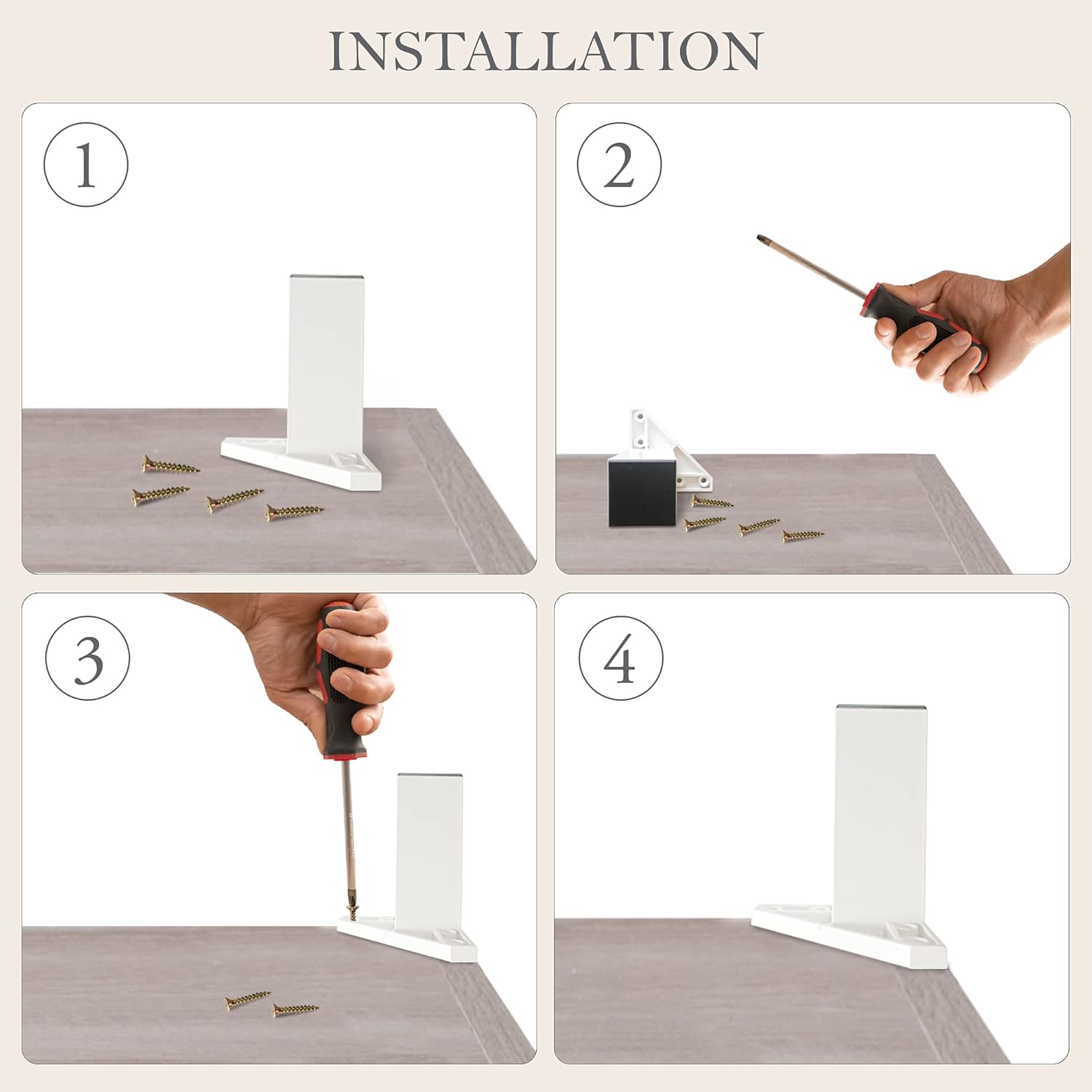 Pasos de instalación: colocar la pata, atornillar, comprobar
